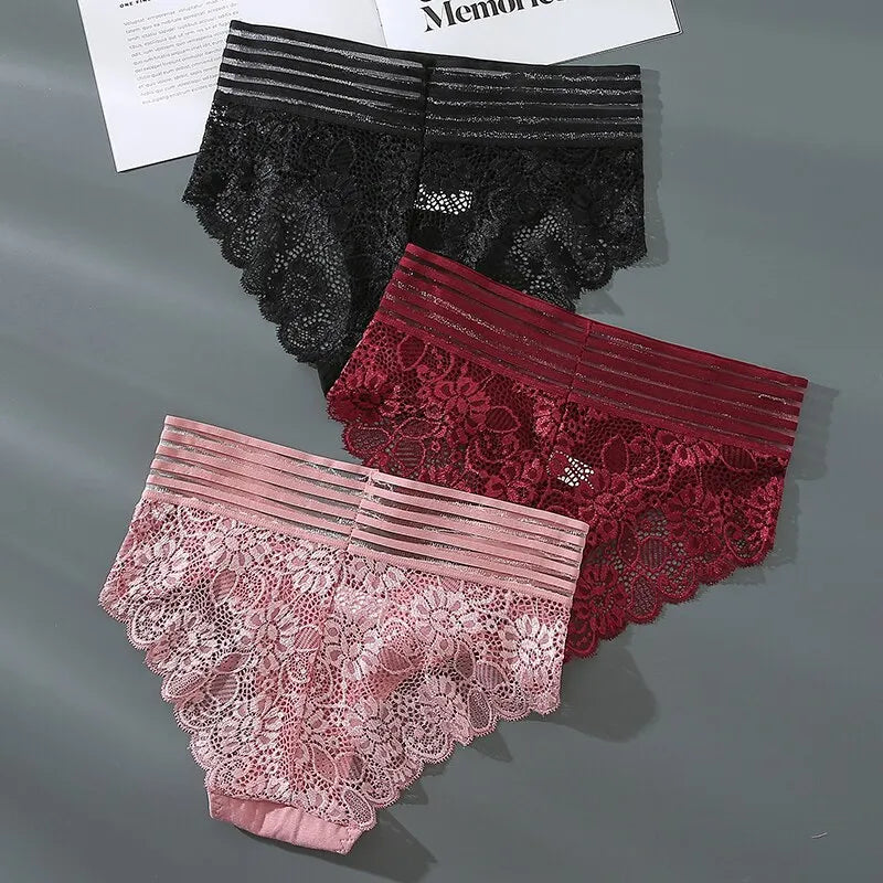 Breathable Lace & Ribbed Underwear 3pcs/Set