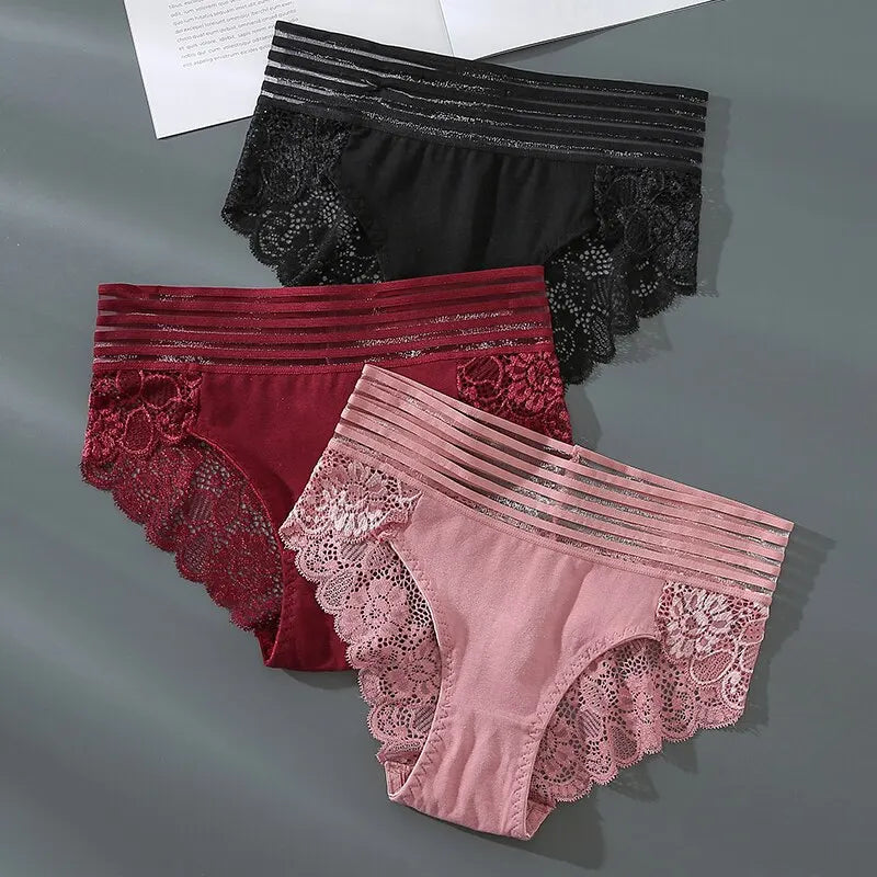 Breathable Lace & Ribbed Underwear 3pcs/Set