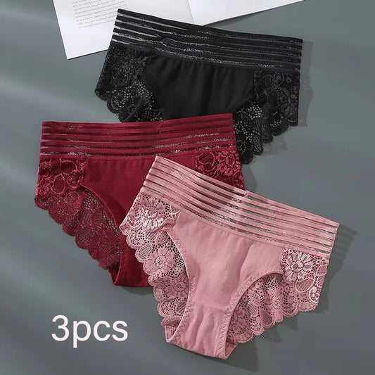 Breathable Lace & Ribbed Underwear 3pcs/Set